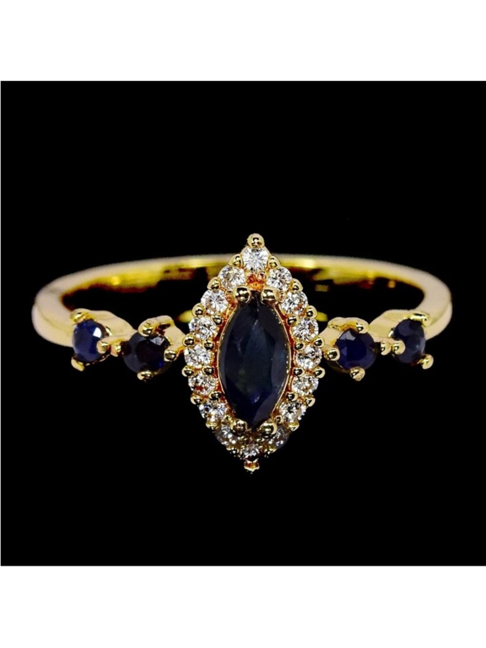 Natural Blue Sapphire with Zircon Halo 14K Yellow Gold over 925 SS Ring Sz 8.25